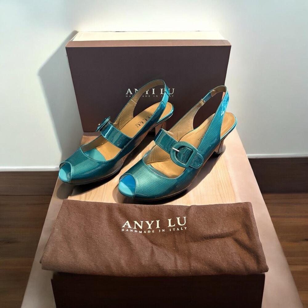 Anyi Lu Tulip Peep Toe Sling Back Heels Patent Leather Peacock Blue Sz 40 US 9